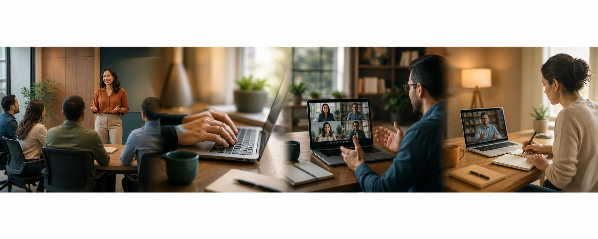 Personas participando en capacitación, trabajo digital, videollamada y toma de notas